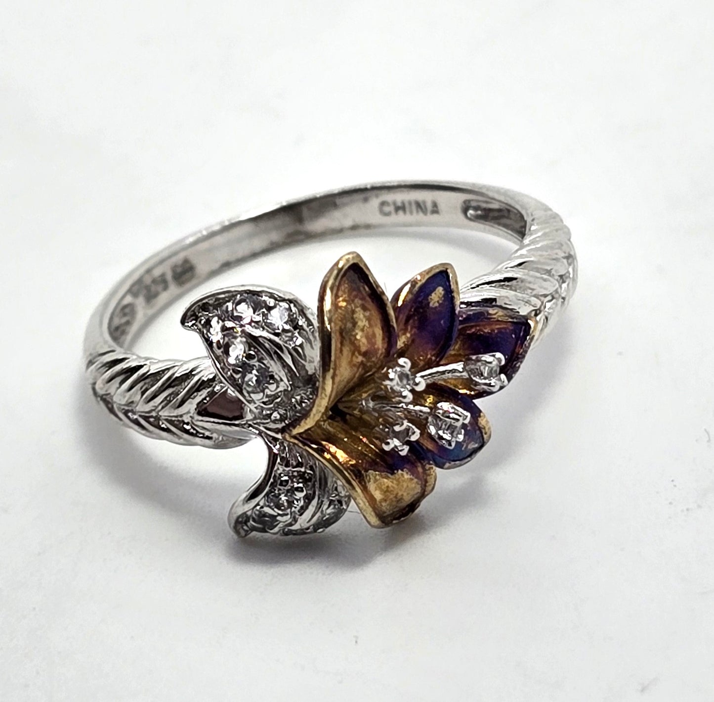 White Topaz Lilly Rose Gold Plated CC sterling silver vintage ring size 9