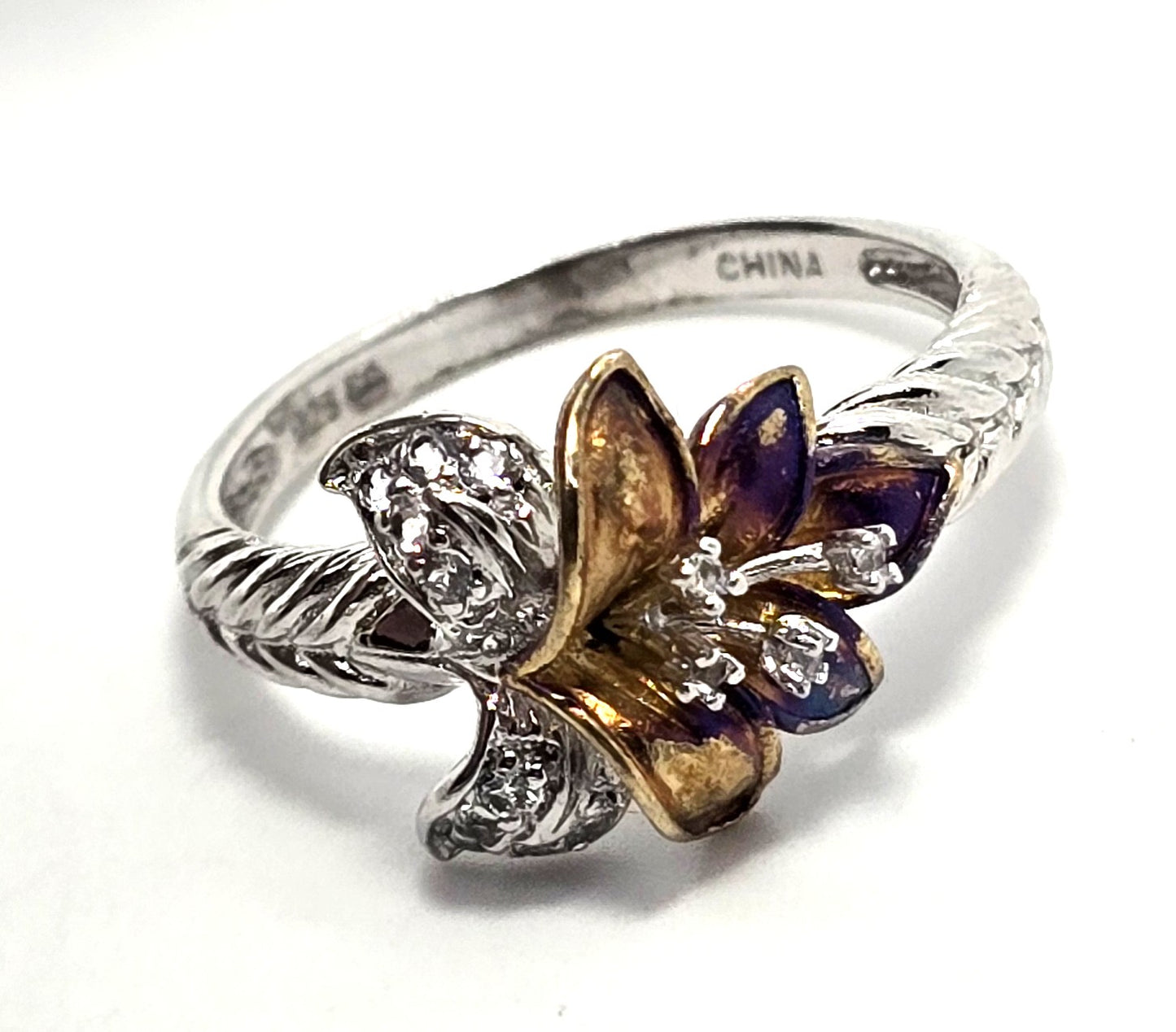 White Topaz Lilly Rose Gold Plated CC sterling silver vintage ring size 9