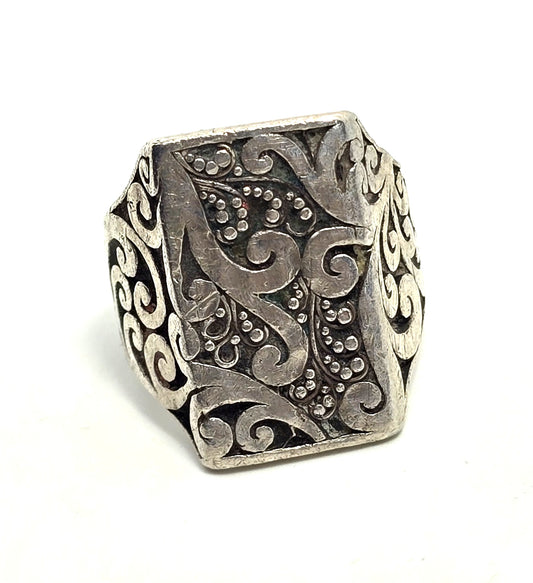 Lois Hill large Bali Balinese scroll granulated vintage sterling silver ring size 8