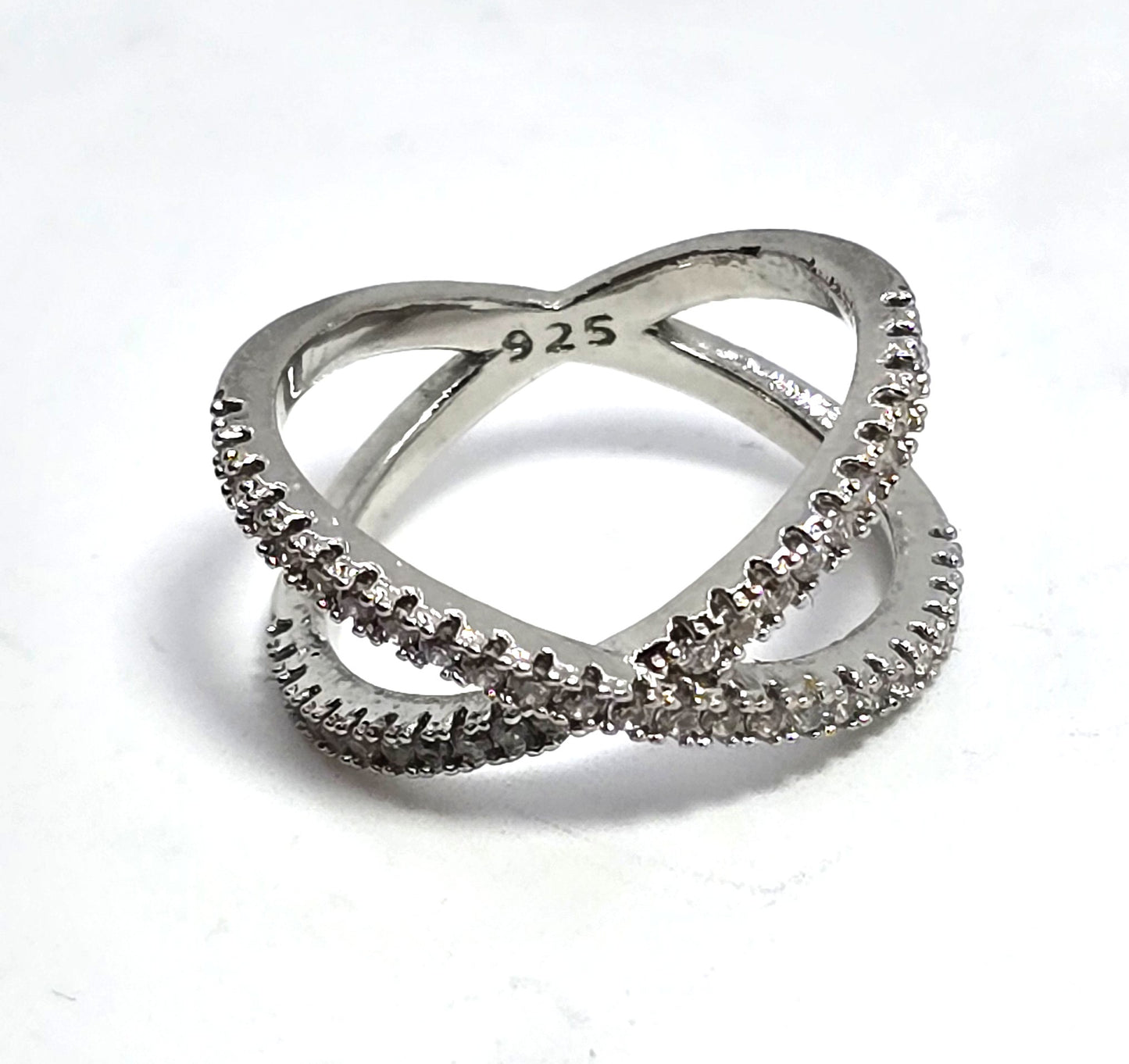 Criss Cross X Cubic zirconia pave set rhodium plated sterling silver ring size 6