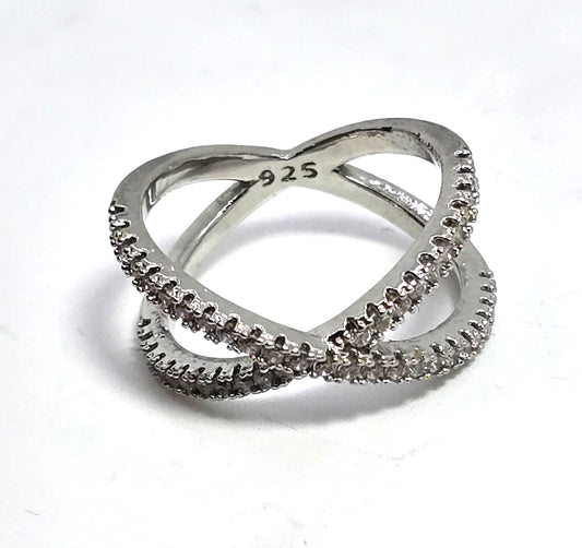 Criss Cross X Cubic zirconia pave set rhodium plated sterling silver ring size 6