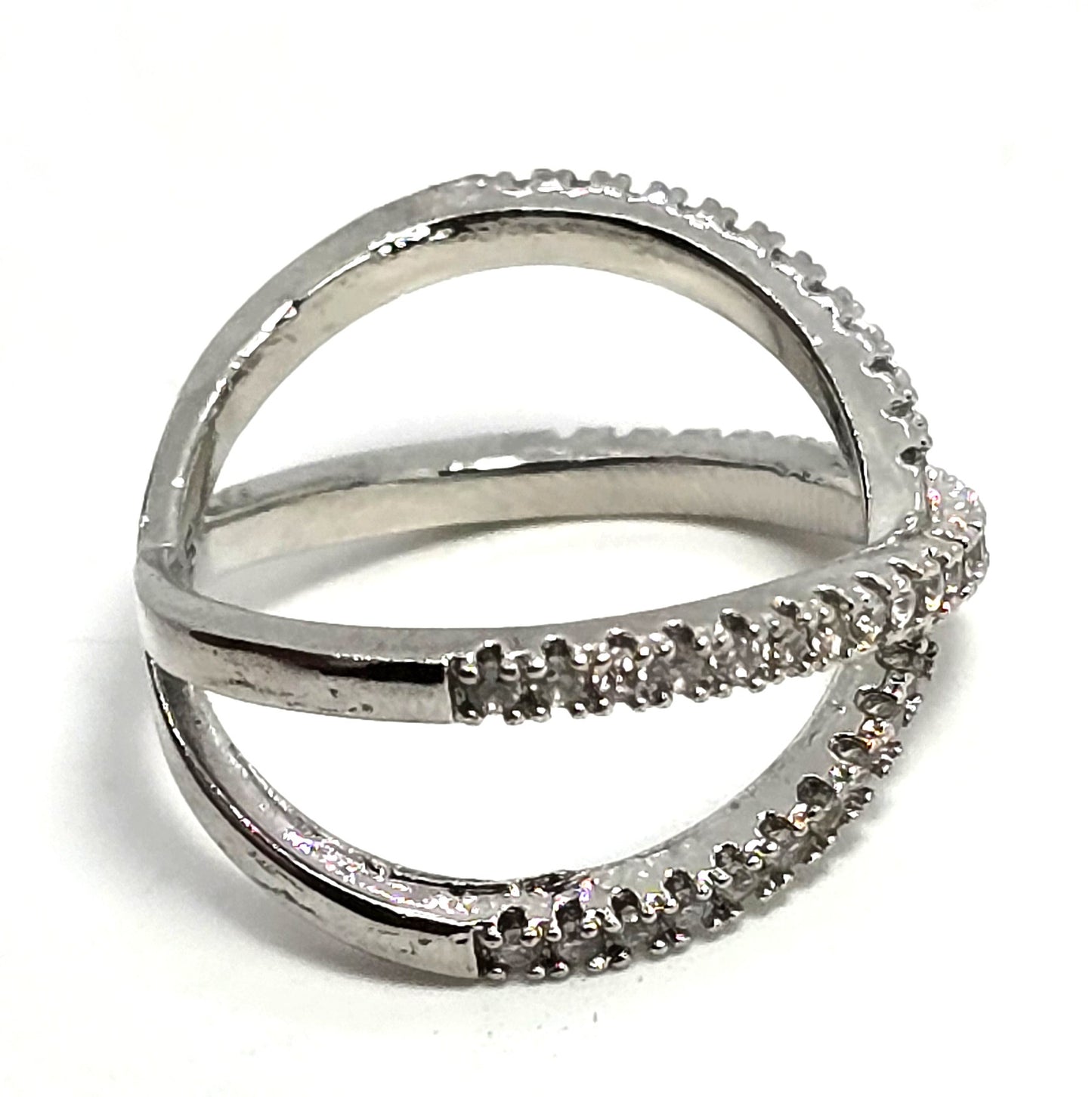 Criss Cross X Cubic zirconia pave set rhodium plated sterling silver ring size 6