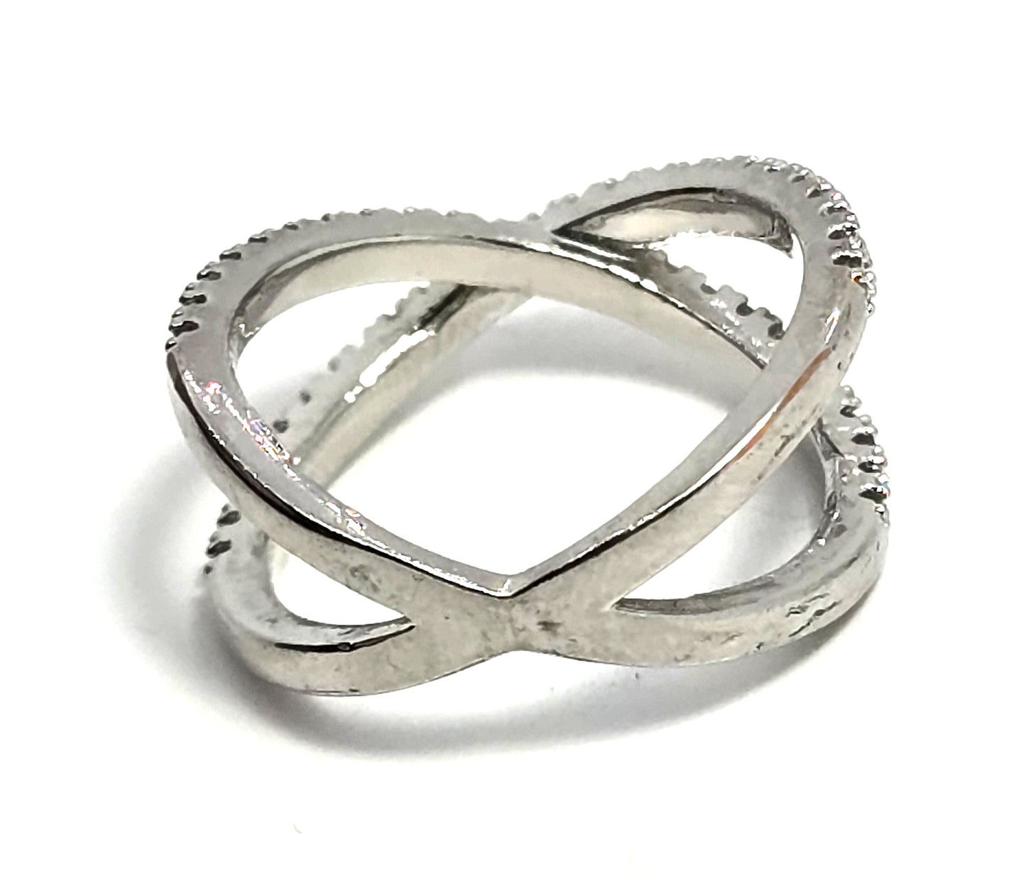 Criss Cross X Cubic zirconia pave set rhodium plated sterling silver ring size 6