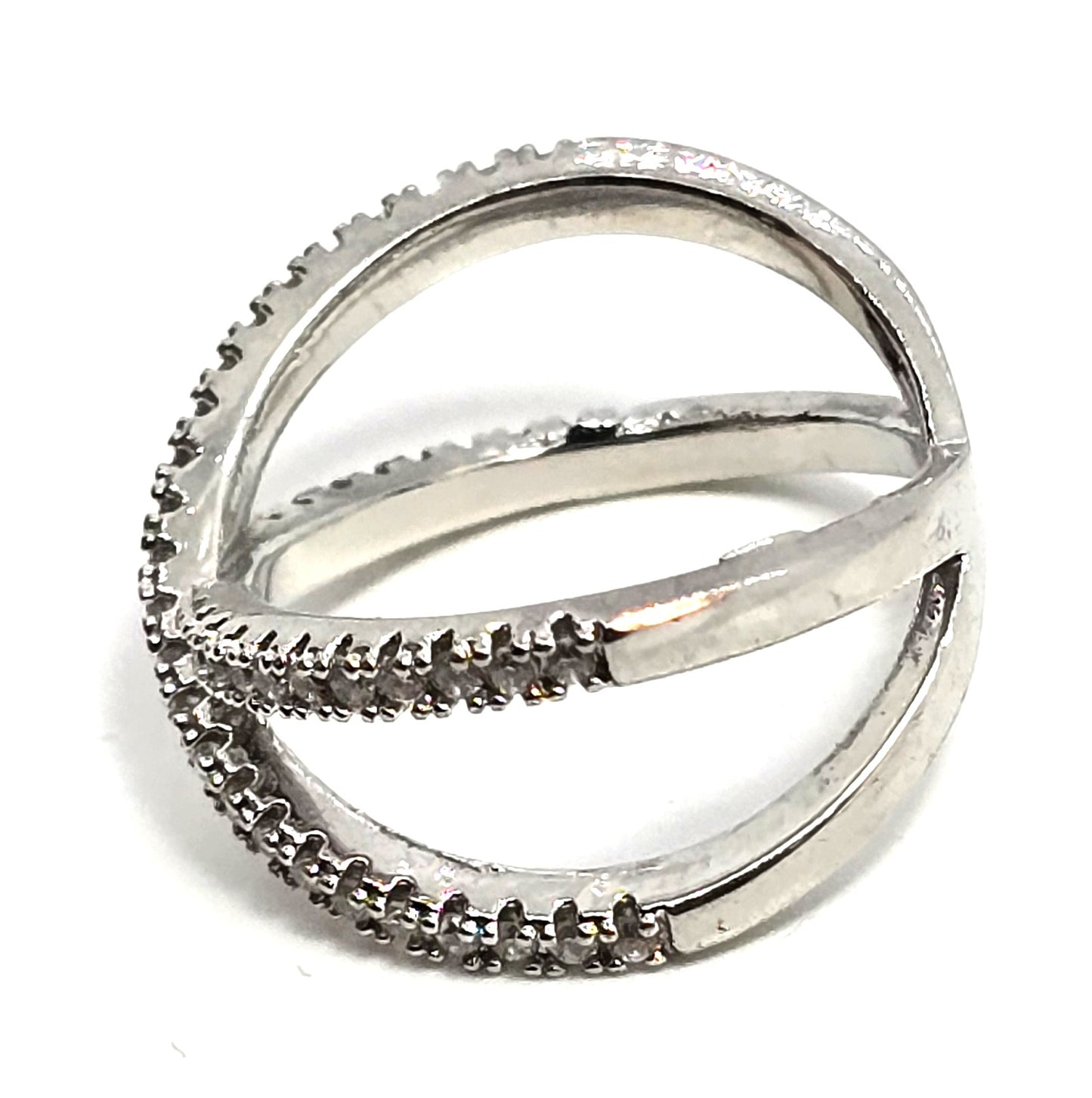 Criss Cross X Cubic zirconia pave set rhodium plated sterling silver ring size 6