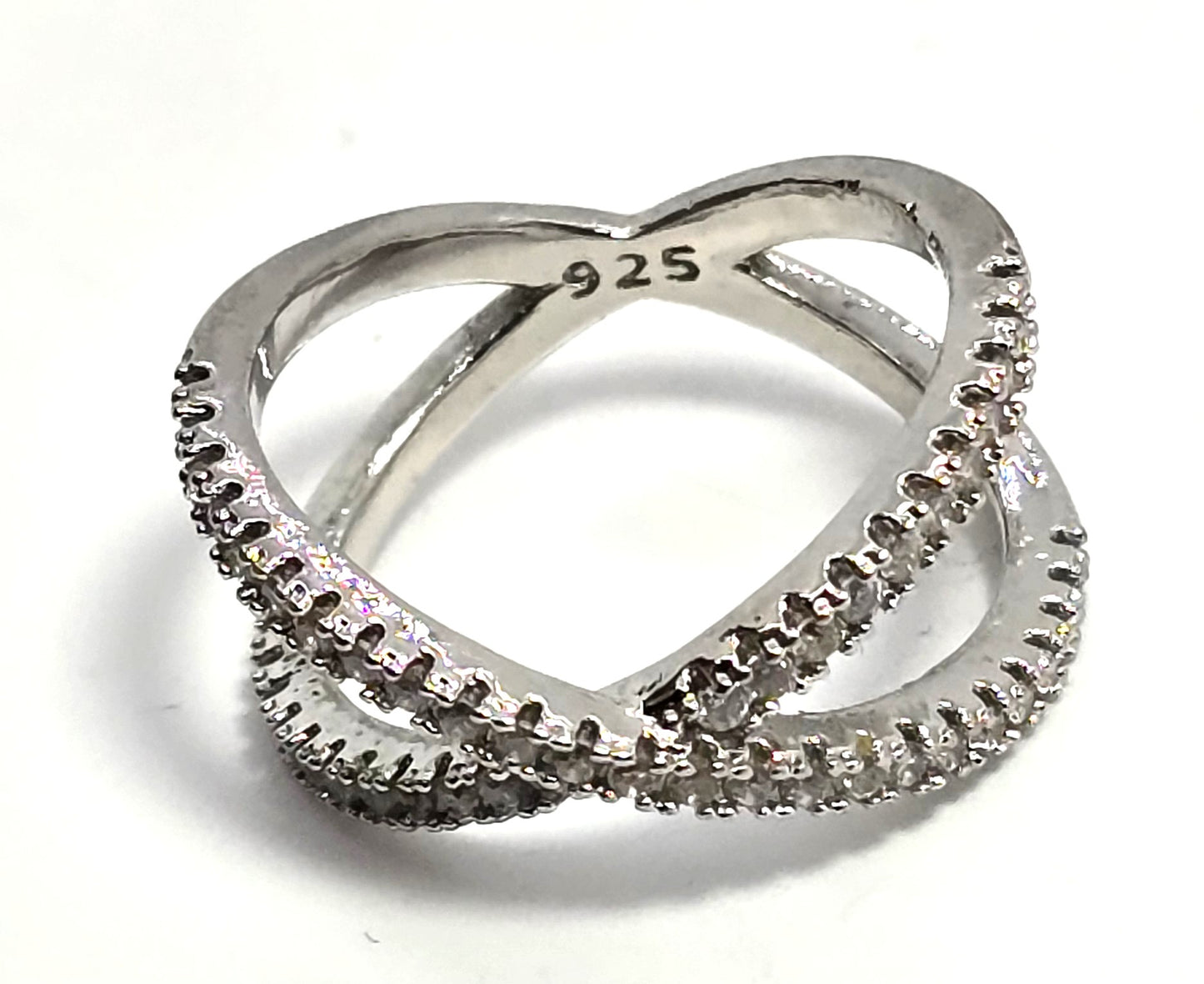 Criss Cross X Cubic zirconia pave set rhodium plated sterling silver ring size 6