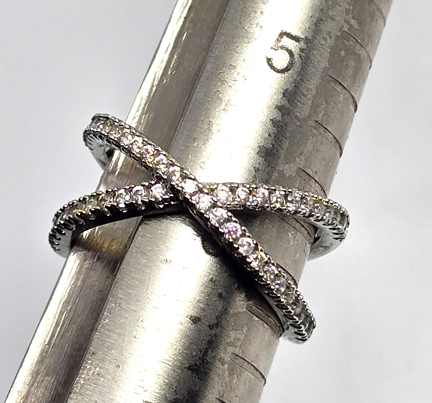 Criss Cross X Cubic zirconia pave set rhodium plated sterling silver ring size 6