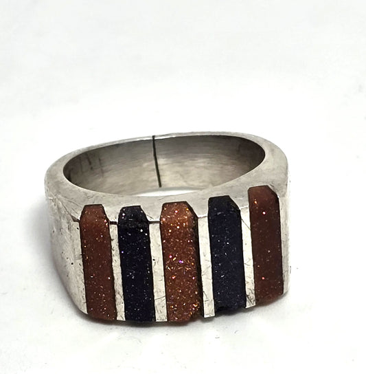 Blue & orange goldstone Taxco Mexico vintage sterling silver ring size 7 *Damage*