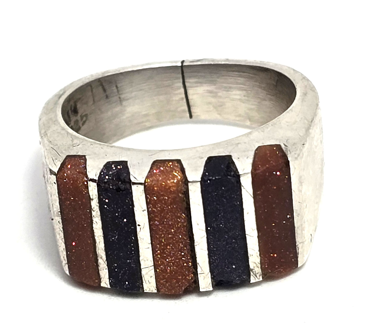 Blue & orange goldstone Taxco Mexico vintage sterling silver ring size 7 *Damage*