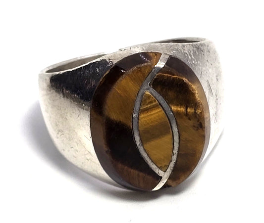 Tiger's Eye Gemstone Inlay Taxco Mexico LAR Sterling Silver vintage ring size 12