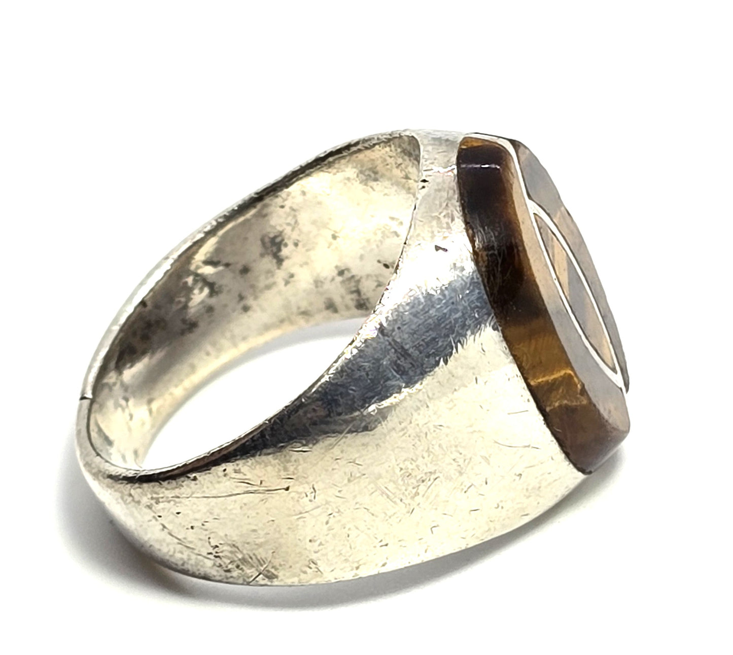 Tiger's Eye Gemstone Inlay Taxco Mexico LAR Sterling Silver vintage ring size 12