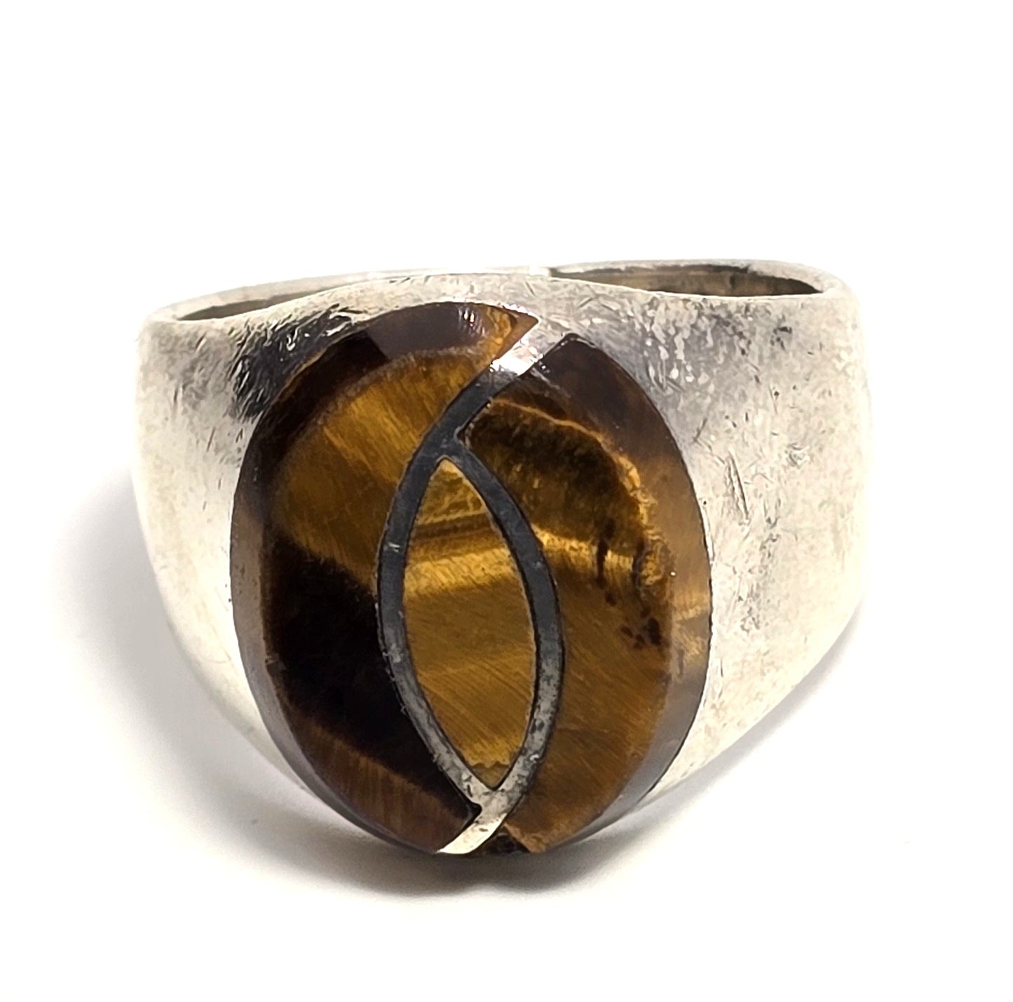 Tiger's Eye Gemstone Inlay Taxco Mexico LAR Sterling Silver vintage ring size 12