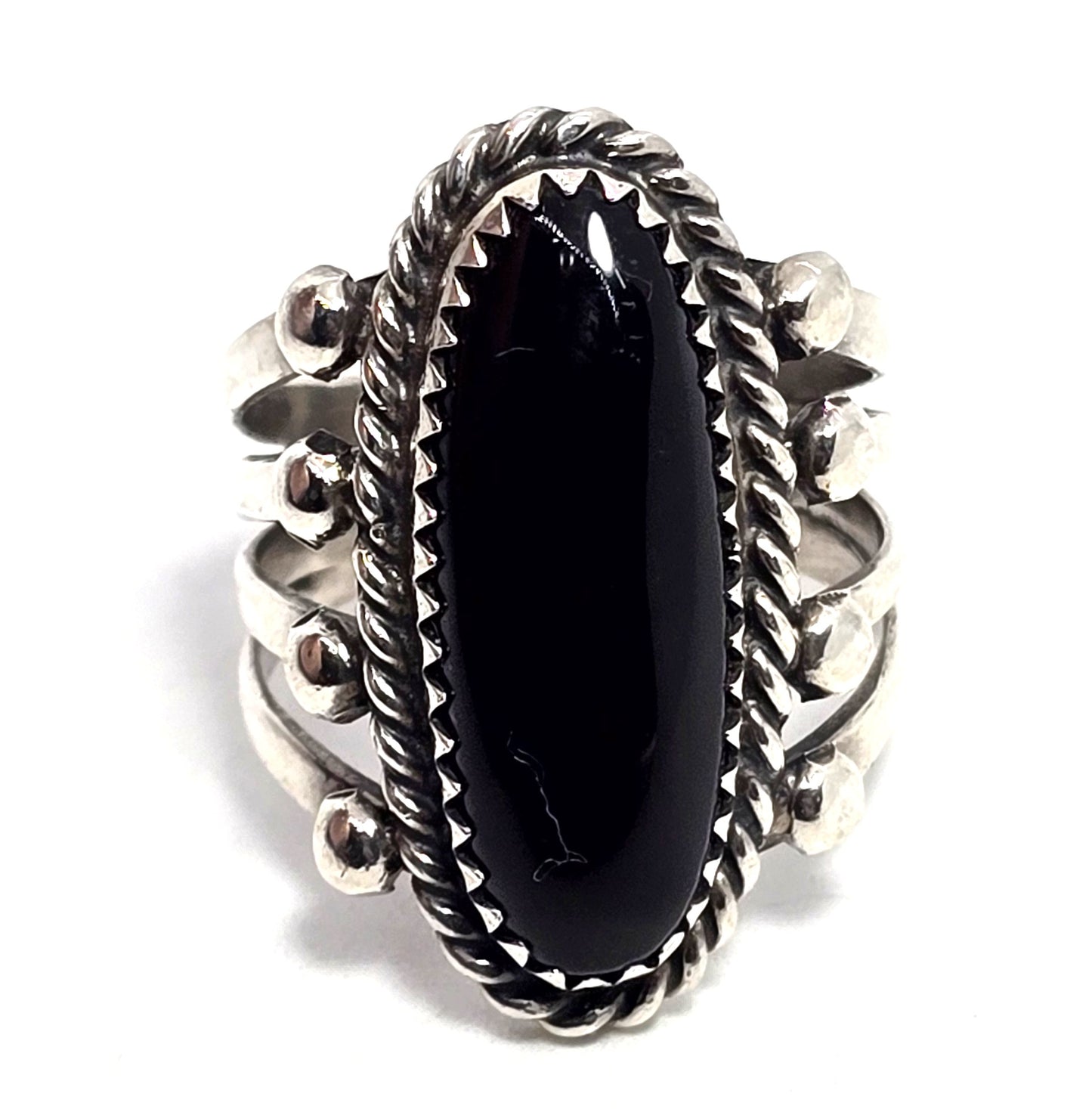 Navajo Black Onyx Native American split shank sterling silver vintage ring size 7.5