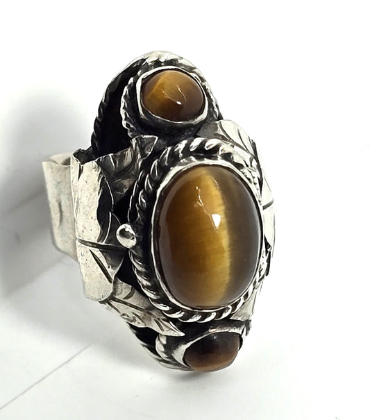 Tiger's eye Mexican Taxco sterling silver vintage Poison ring eagle mark size 7