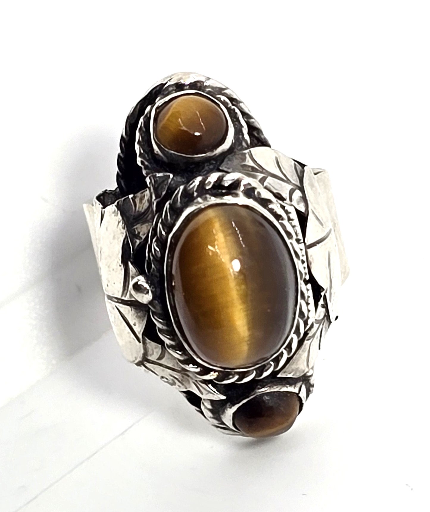 Tiger's eye Mexican Taxco sterling silver vintage Poison ring eagle mark size 7