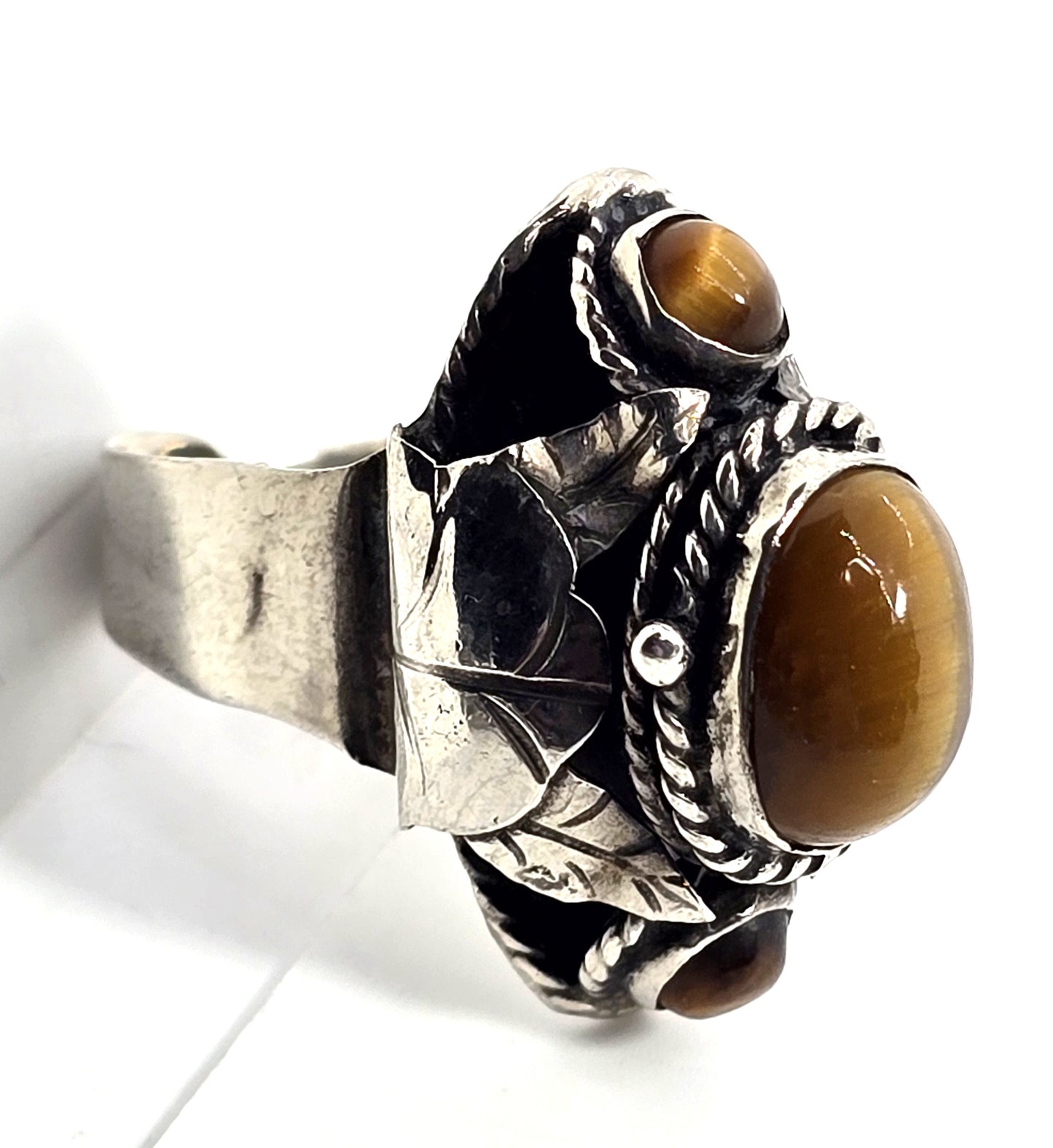Tiger's eye Mexican Taxco sterling silver vintage Poison ring eagle mark size 7