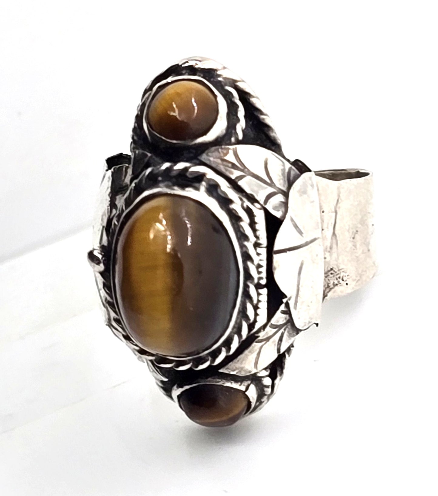 Tiger's eye Mexican Taxco sterling silver vintage Poison ring eagle mark size 7