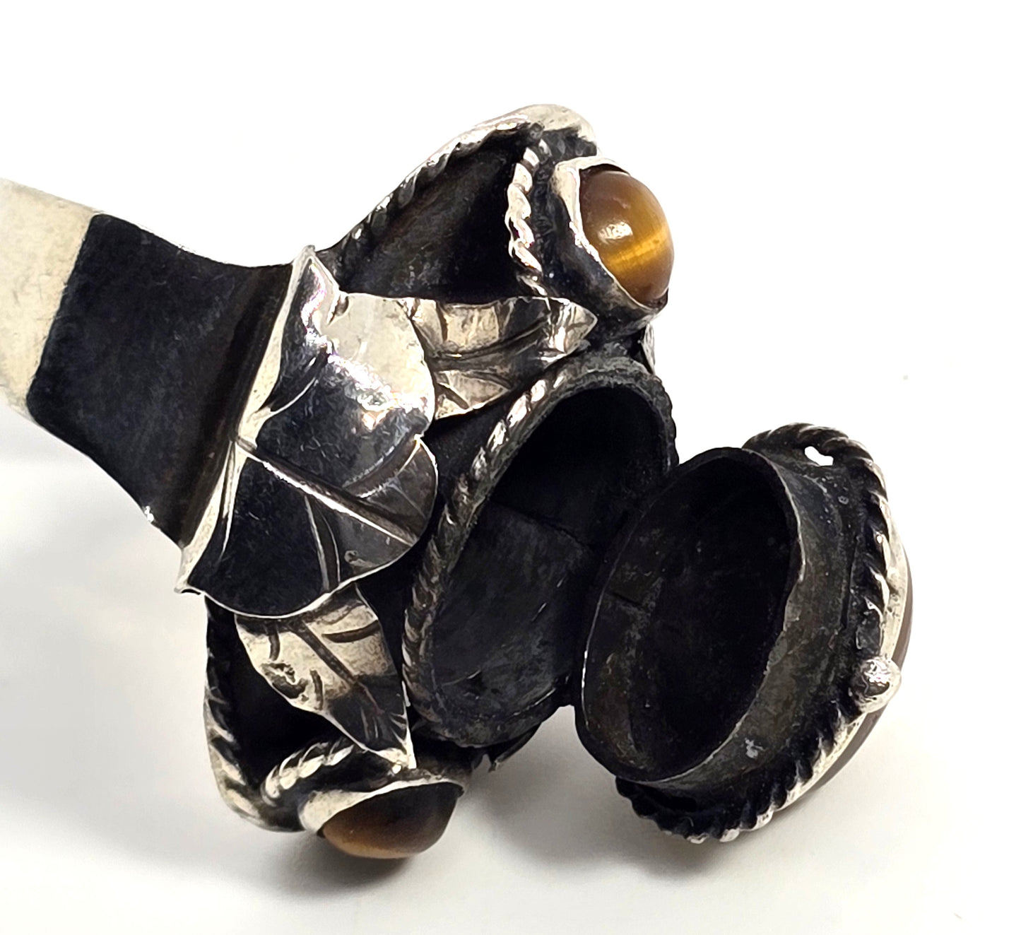Tiger's eye Mexican Taxco sterling silver vintage Poison ring eagle mark size 7