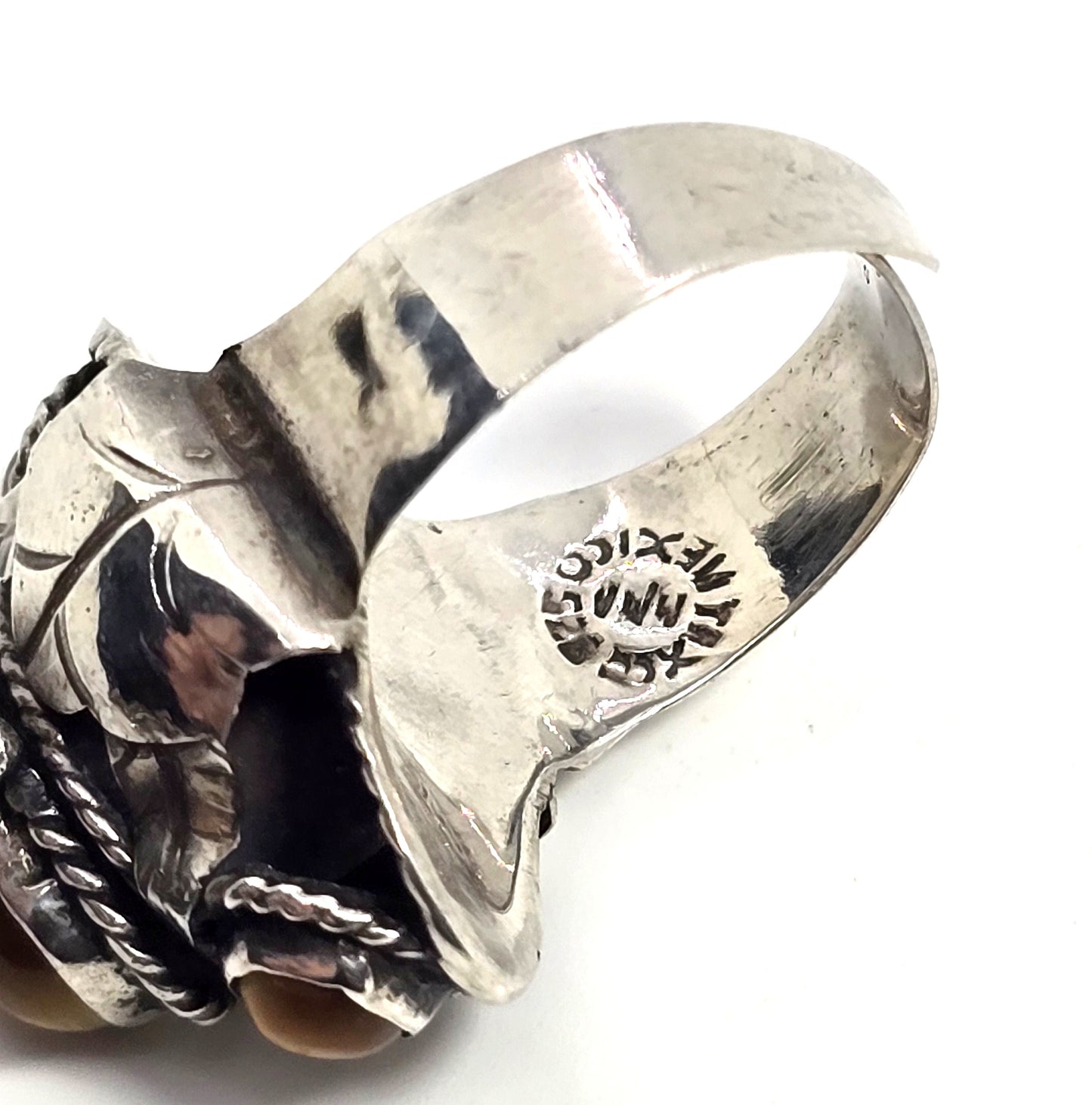 Tiger's eye Mexican Taxco sterling silver vintage Poison ring eagle mark size 7
