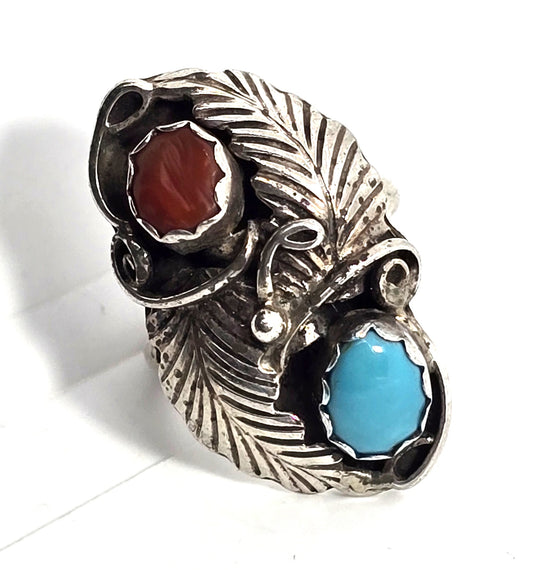 Lee Chee Navajo turquoise coral vintage Sterling Silver Ring size 7