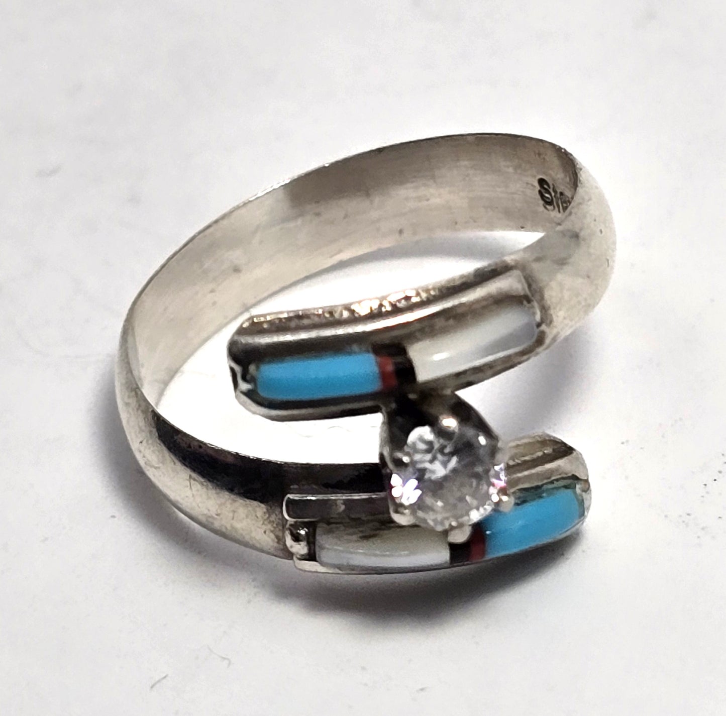 J signed multi gemstone inlay CZ Sterling Silver wrap turquoise vintage Ring size 8