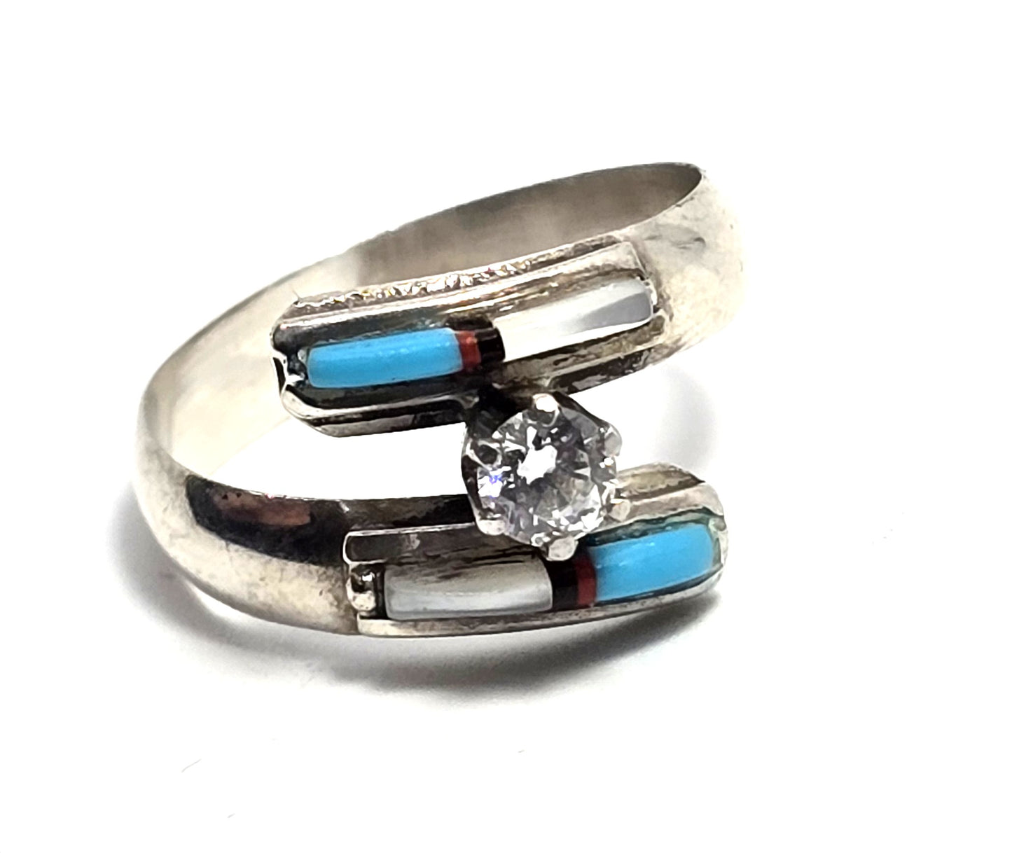 J signed multi gemstone inlay CZ Sterling Silver wrap turquoise vintage Ring size 8