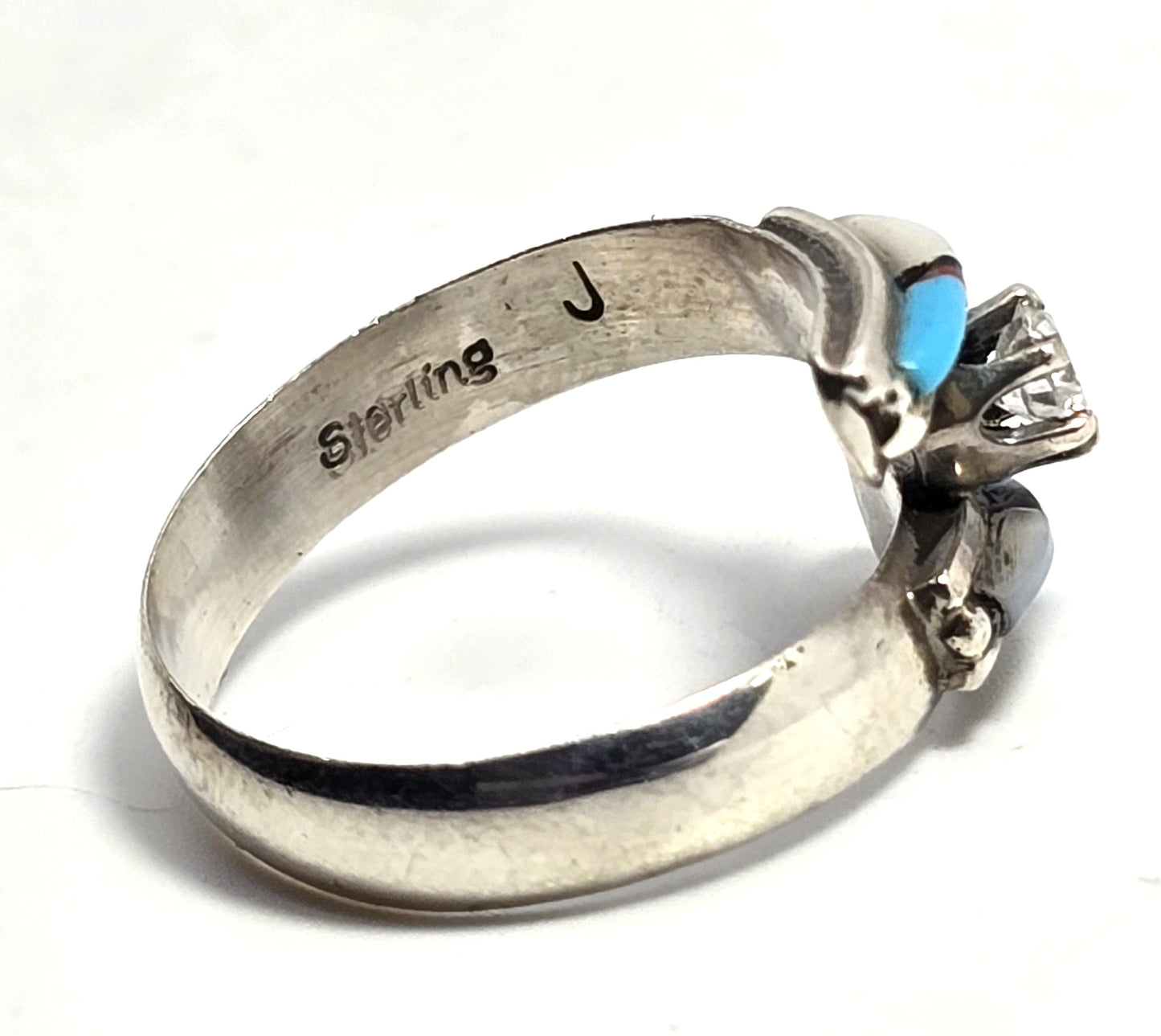J signed multi gemstone inlay CZ Sterling Silver wrap turquoise vintage Ring size 8