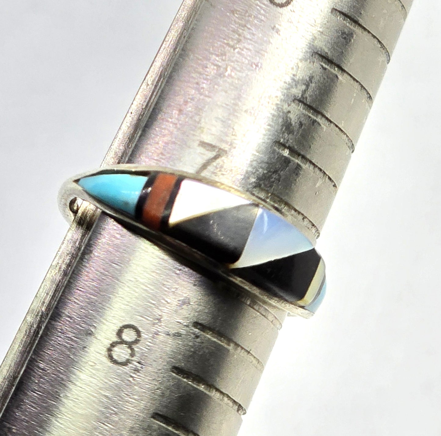 RGB Zuni signed multi gemstone inlay Sterling Silver vintage Ring band size 7.25