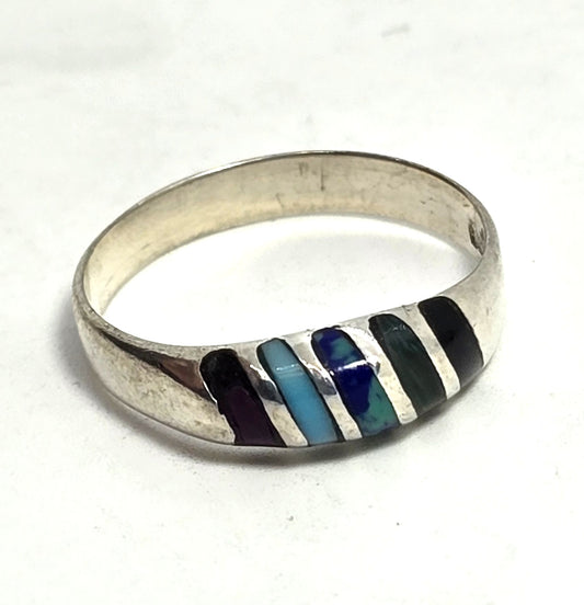 Multi gemstone inlay small domed Sterling Silver vintage Ring band size 8.75