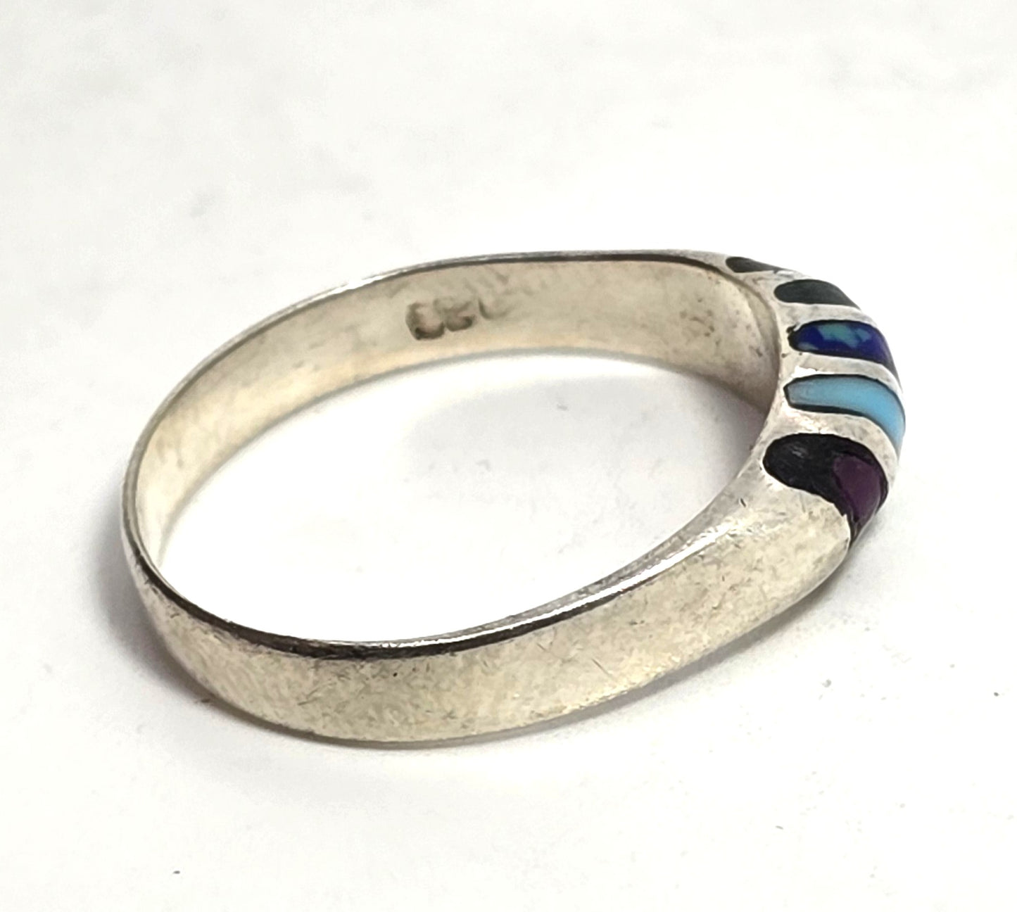 Multi gemstone inlay small domed Sterling Silver vintage Ring band size 8.75