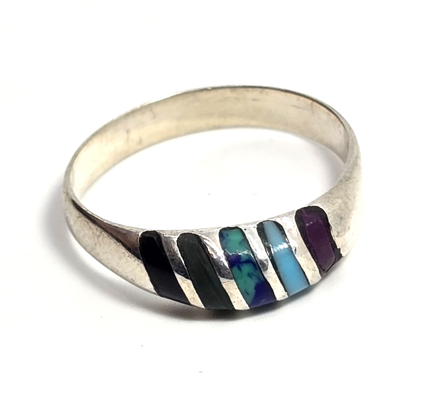 Multi gemstone inlay small domed Sterling Silver vintage Ring band size 8.75
