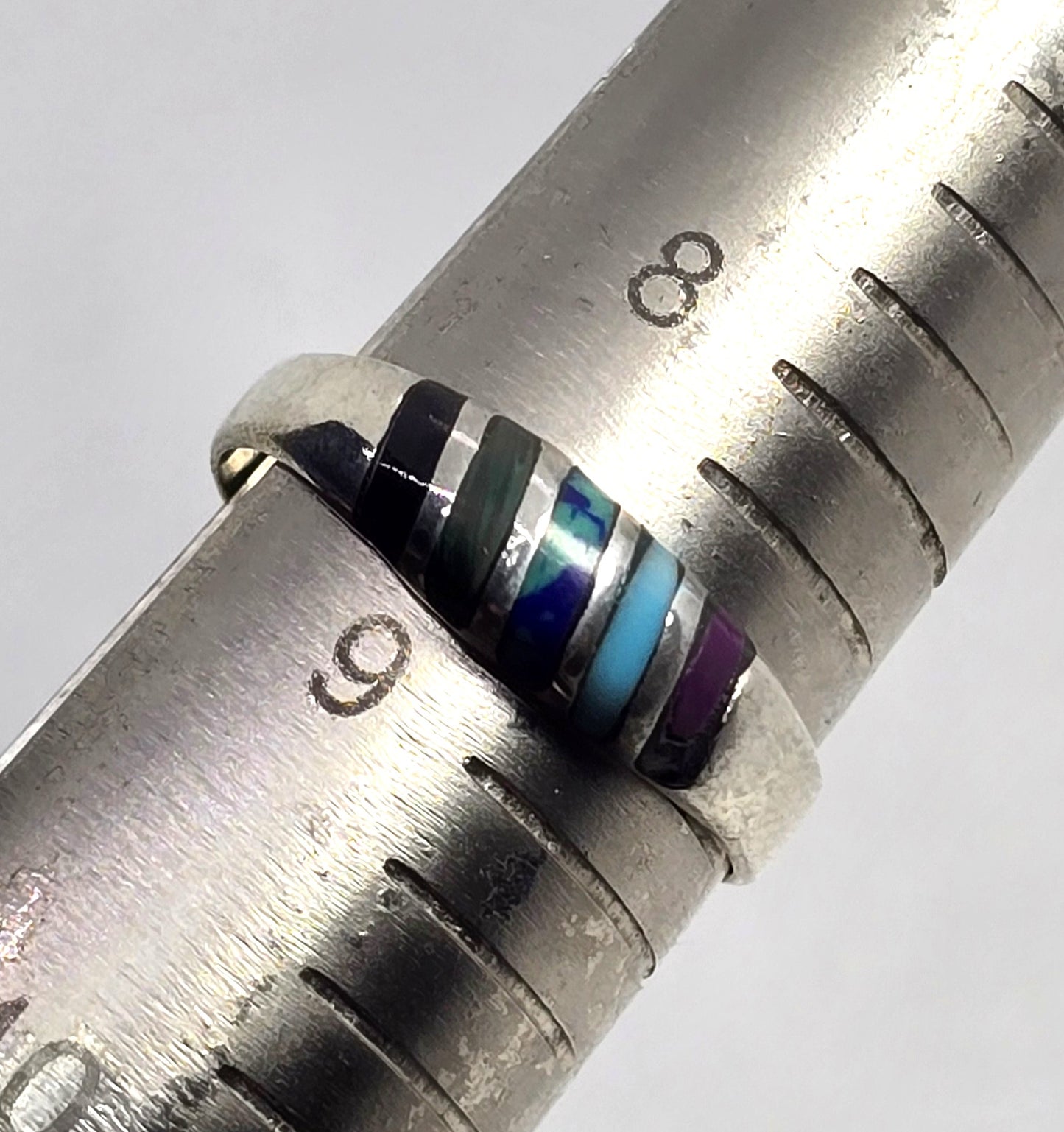 Multi gemstone inlay small domed Sterling Silver vintage Ring band size 8.75