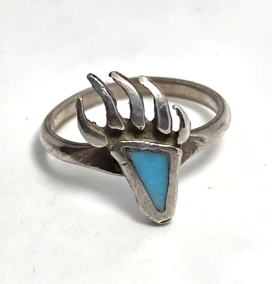 Turquoise small bear claw Native American vintage sterling silver ring size 4