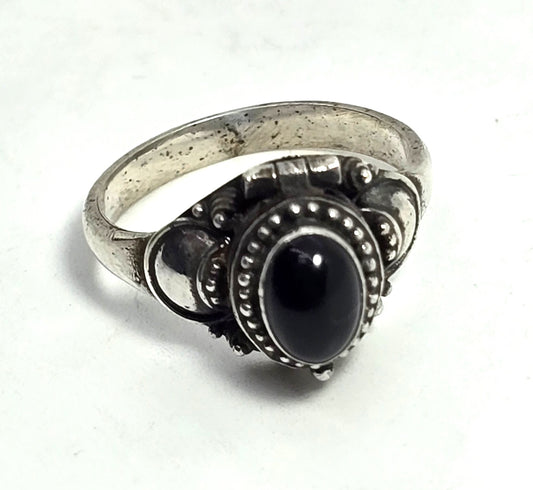 Black onyx Crescent moon poison casket vintage sterling silver ring size 6