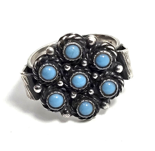 Zuni Snake Eyes flower petite point turquoise vintage Sterling Silver ring size 6