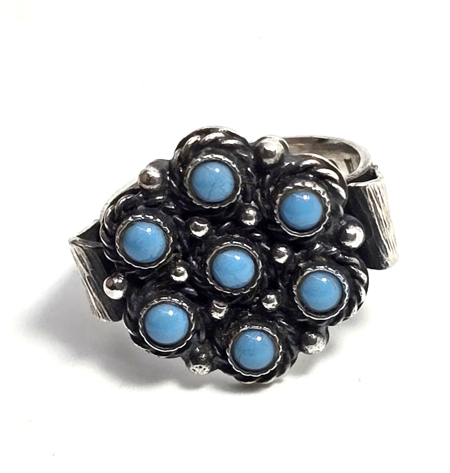 Zuni Snake Eyes flower petite point turquoise vintage Sterling Silver ring size 6