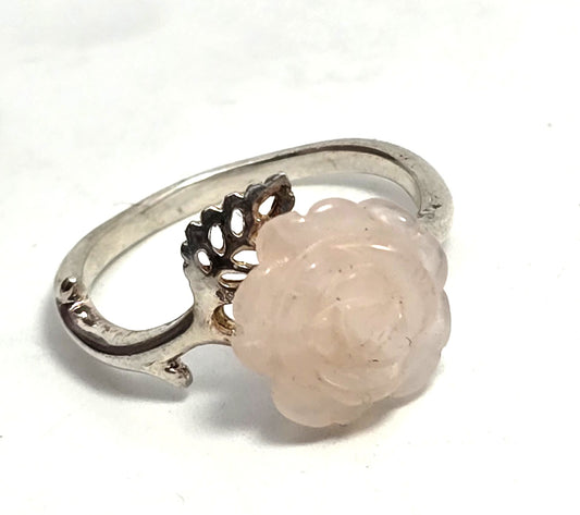 Rose quartz pink gemstone carved Rose sterling silver RJ ring size 9