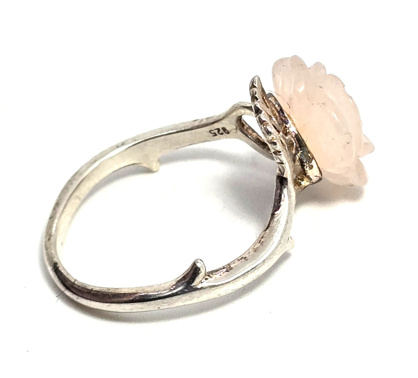 Rose quartz pink gemstone carved Rose sterling silver RJ ring size 9
