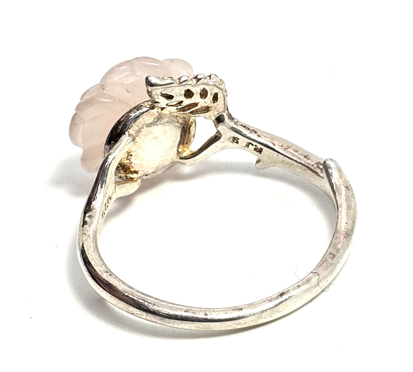 Rose quartz pink gemstone carved Rose sterling silver RJ ring size 9