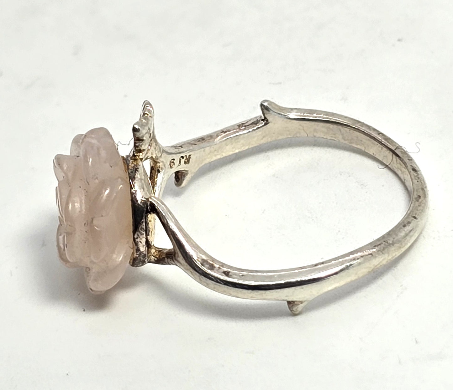 Rose quartz pink gemstone carved Rose sterling silver RJ ring size 9