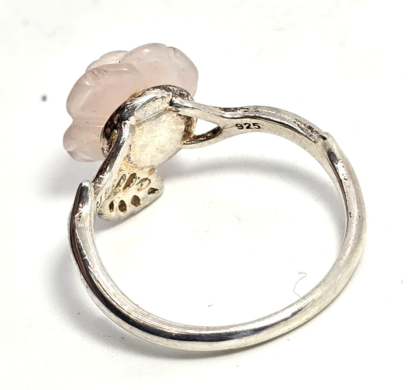 Rose quartz pink gemstone carved Rose sterling silver RJ ring size 9