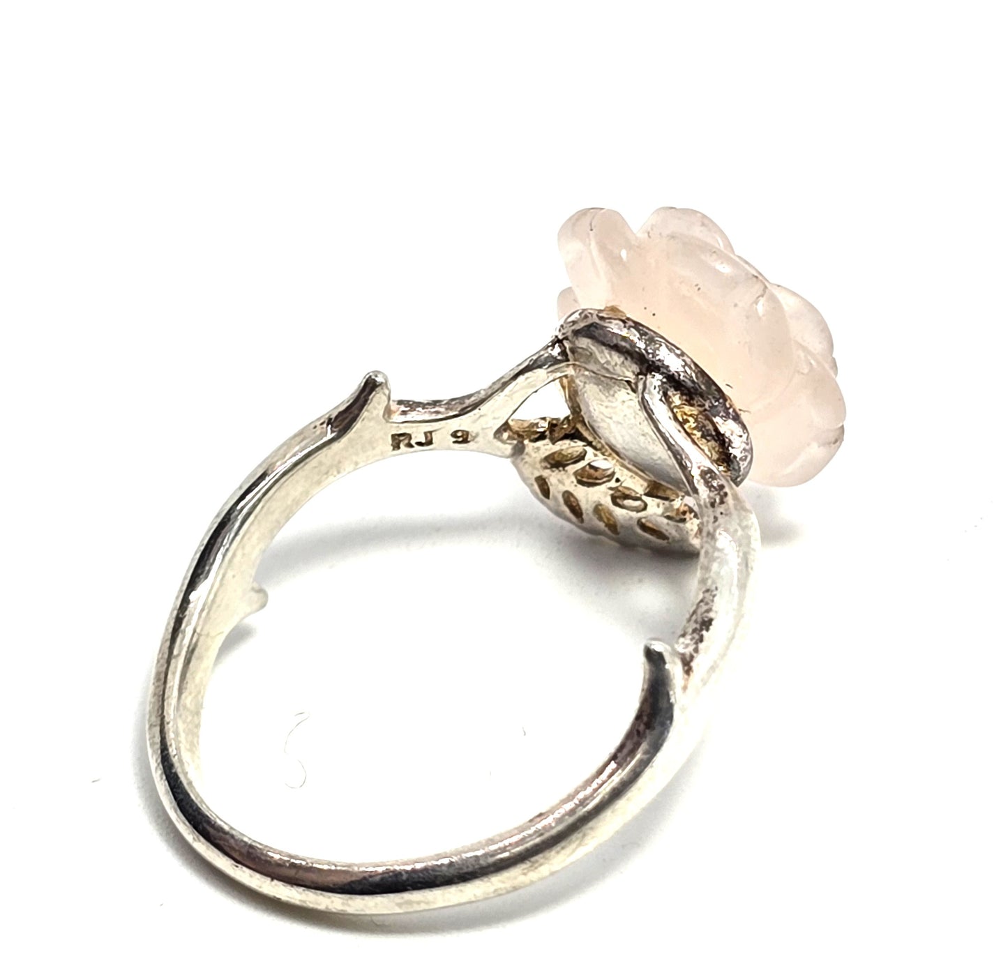 Rose quartz pink gemstone carved Rose sterling silver RJ ring size 9
