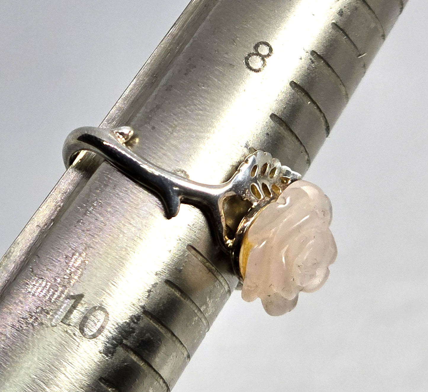 Rose quartz pink gemstone carved Rose sterling silver RJ ring size 9