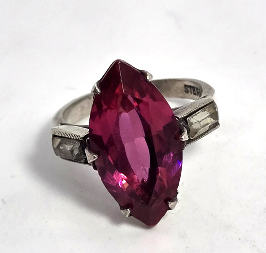 Art Deco Pink Paste marquis cut sterling silver vintage ring size 4.25