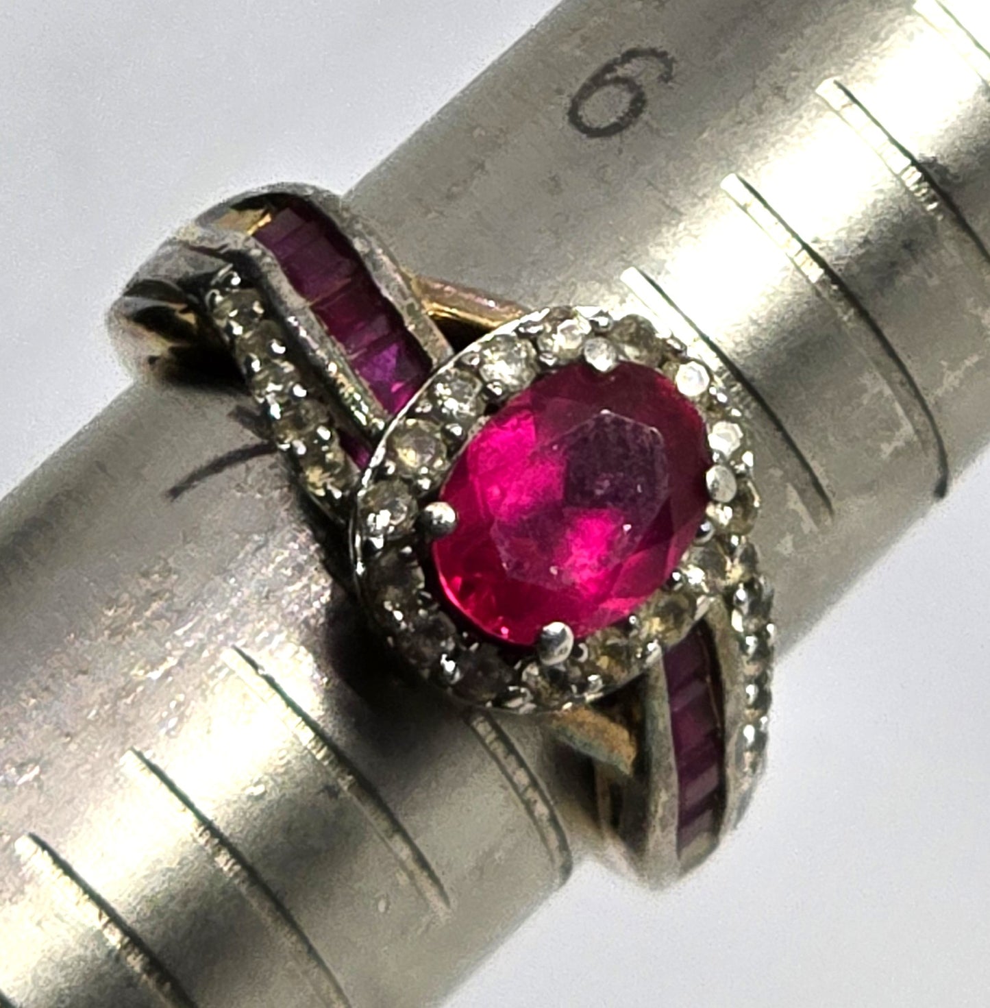 SUN Ruby and Cubic Zirconia twisted wrap gold plated sterling silver ring size 7