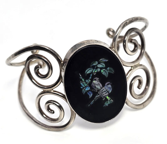 Opal inlay mosaic 2 birds in nature sterling silver vintage cuff bracelet
