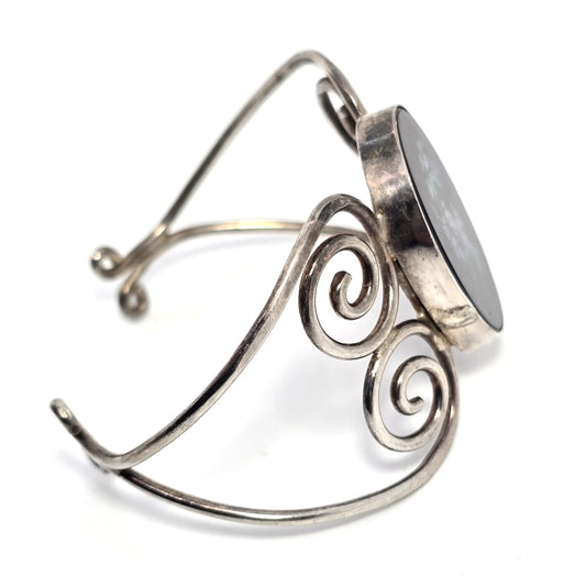 Opal inlay mosaic 2 birds in nature sterling silver vintage cuff bracelet