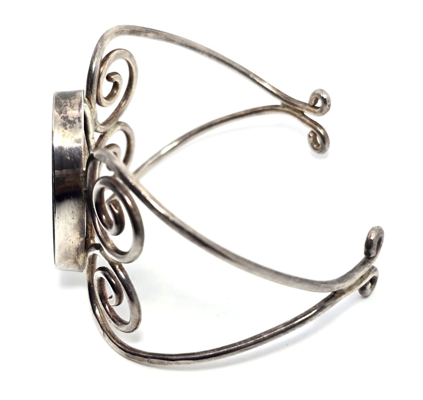 Opal inlay mosaic 2 birds in nature sterling silver vintage cuff bracelet