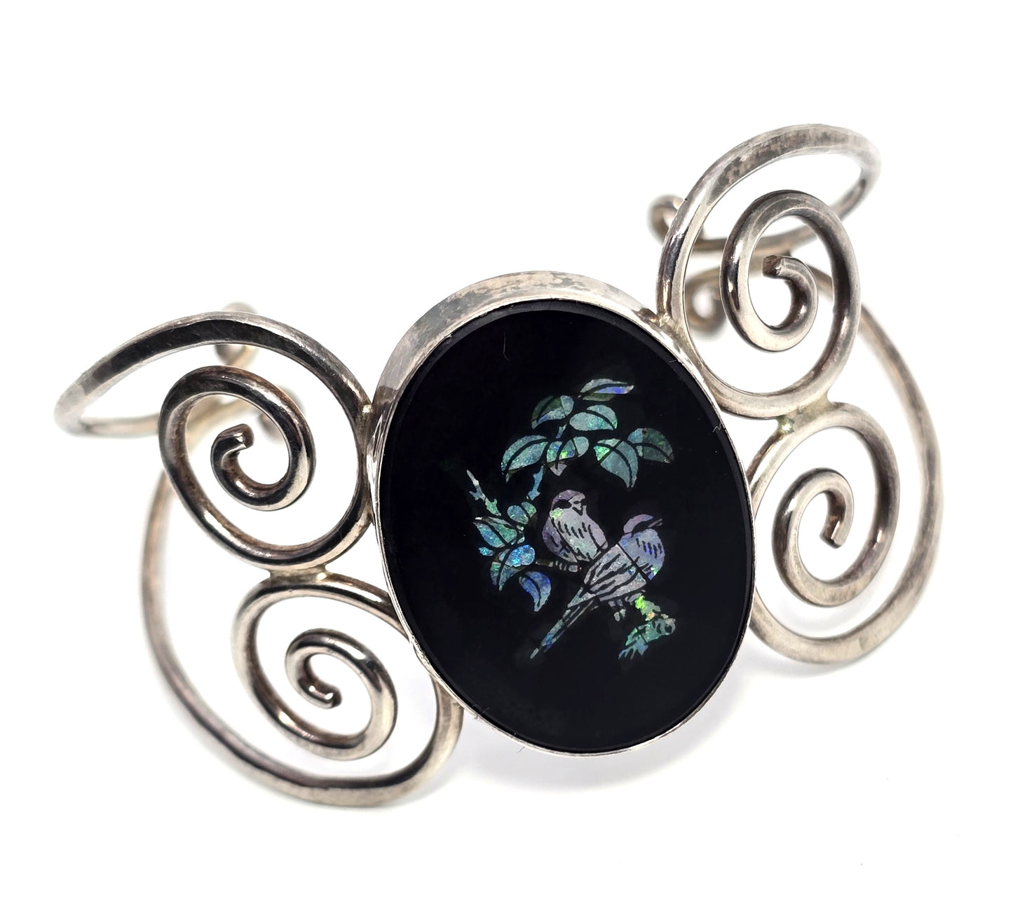 Opal inlay mosaic 2 birds in nature sterling silver vintage cuff bracelet