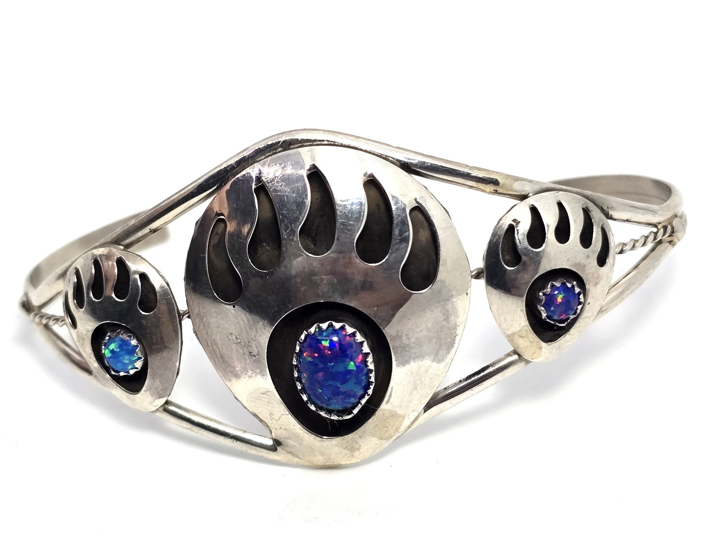 Navajo triple bear paw blue fire opal vintage sterling silver cuff bracelet