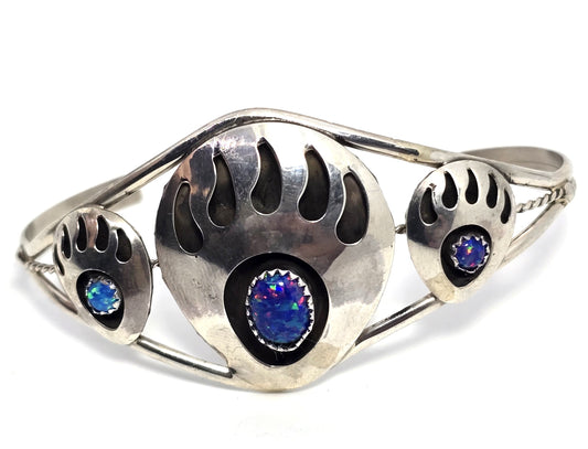 Navajo triple bear paw blue fire opal vintage sterling silver cuff bracelet